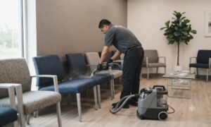 Profissional higienizando cadeiras estofadas em sala de espera corporativa em Fortaleza